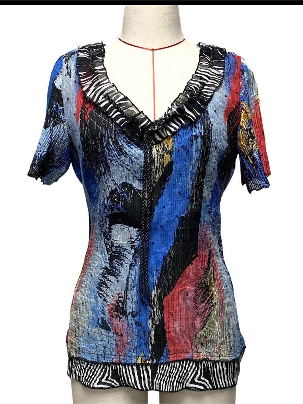 Alberto Makali Paint Splash Rope Zebra Collar Trim Krinkle Sequin Top Wm's M